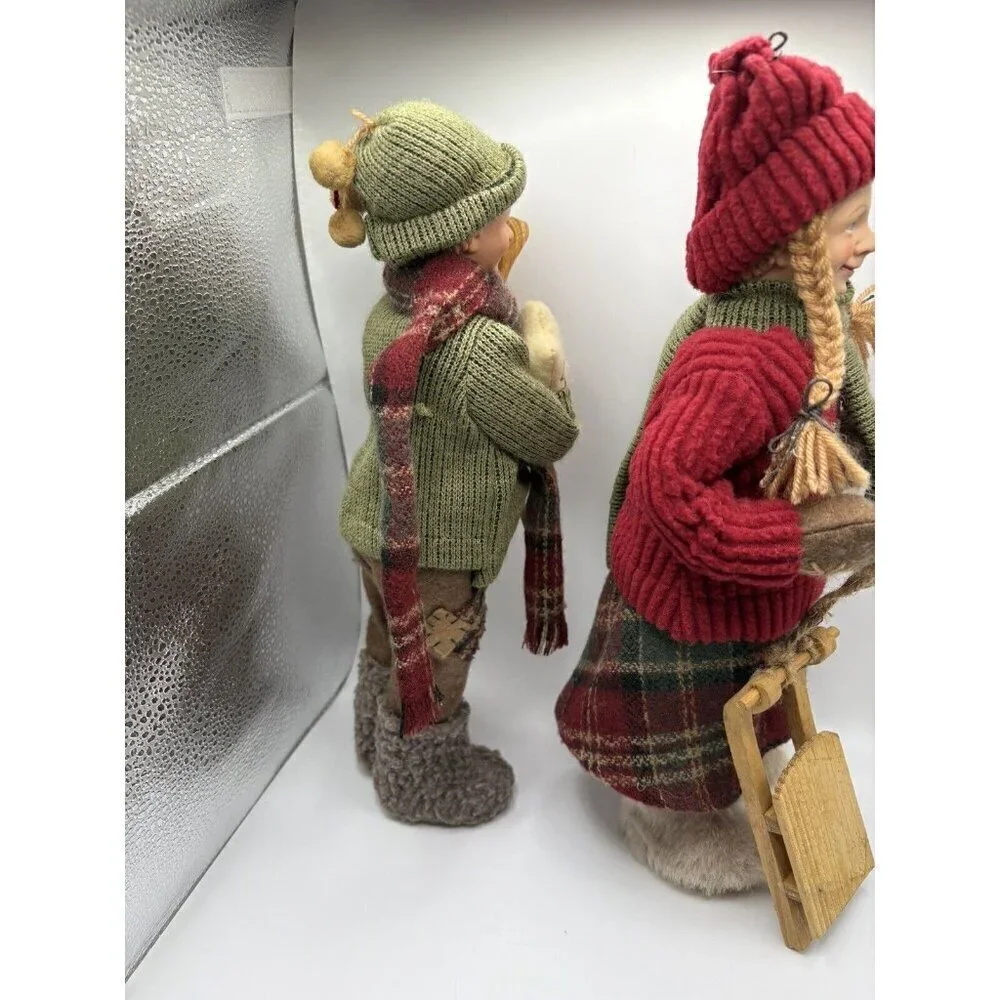 Vintage German Boy Skier and Girl with Sled (Pair)